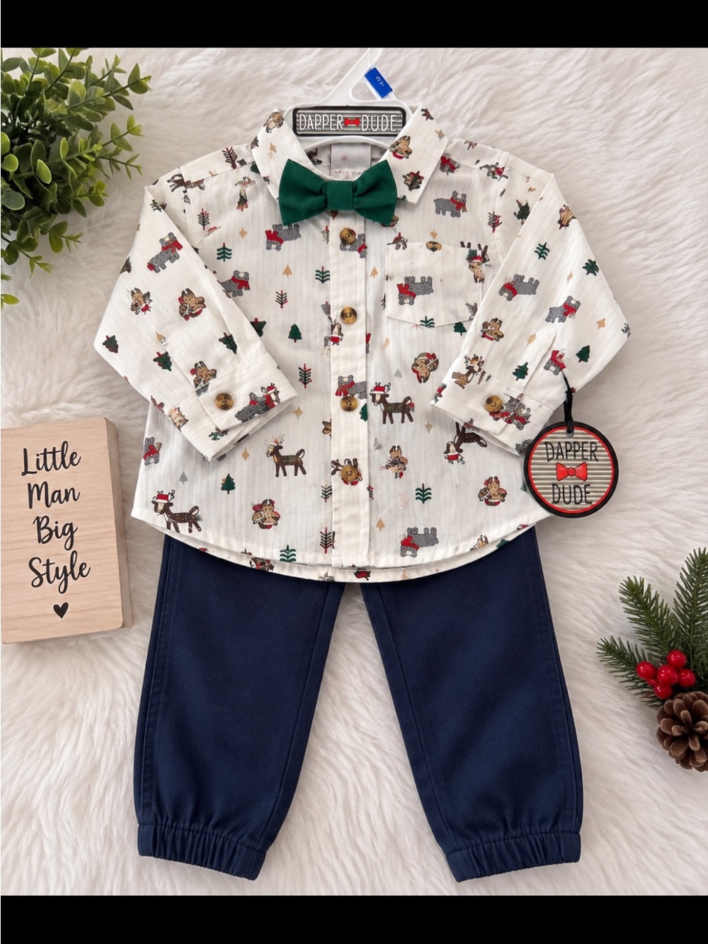 Carter's White Holiday Print Button-Down Shirt with Green Bow Tie
